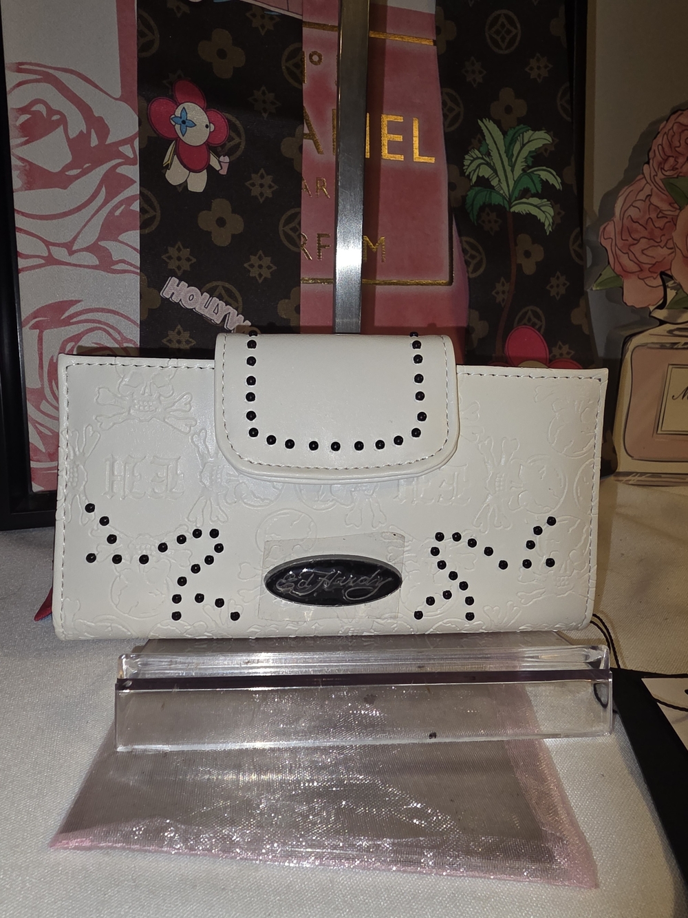 Ed Hardy White Wallet with Black Stud Accents